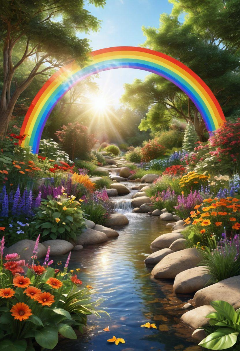 A radiant sunburst illuminating a peaceful garden filled with colorful flowers and a flowing stream, symbolizing joy and fulfillment. Inhabitants include joyful individuals practicing mindfulness, laughter, and engaging in creative activities. A rainbow arcs above, adding a sense of hope and positivity. Enchanting butterflies flutter around, enhancing the idyllic atmosphere. super-realistic. vibrant colors. 3D.