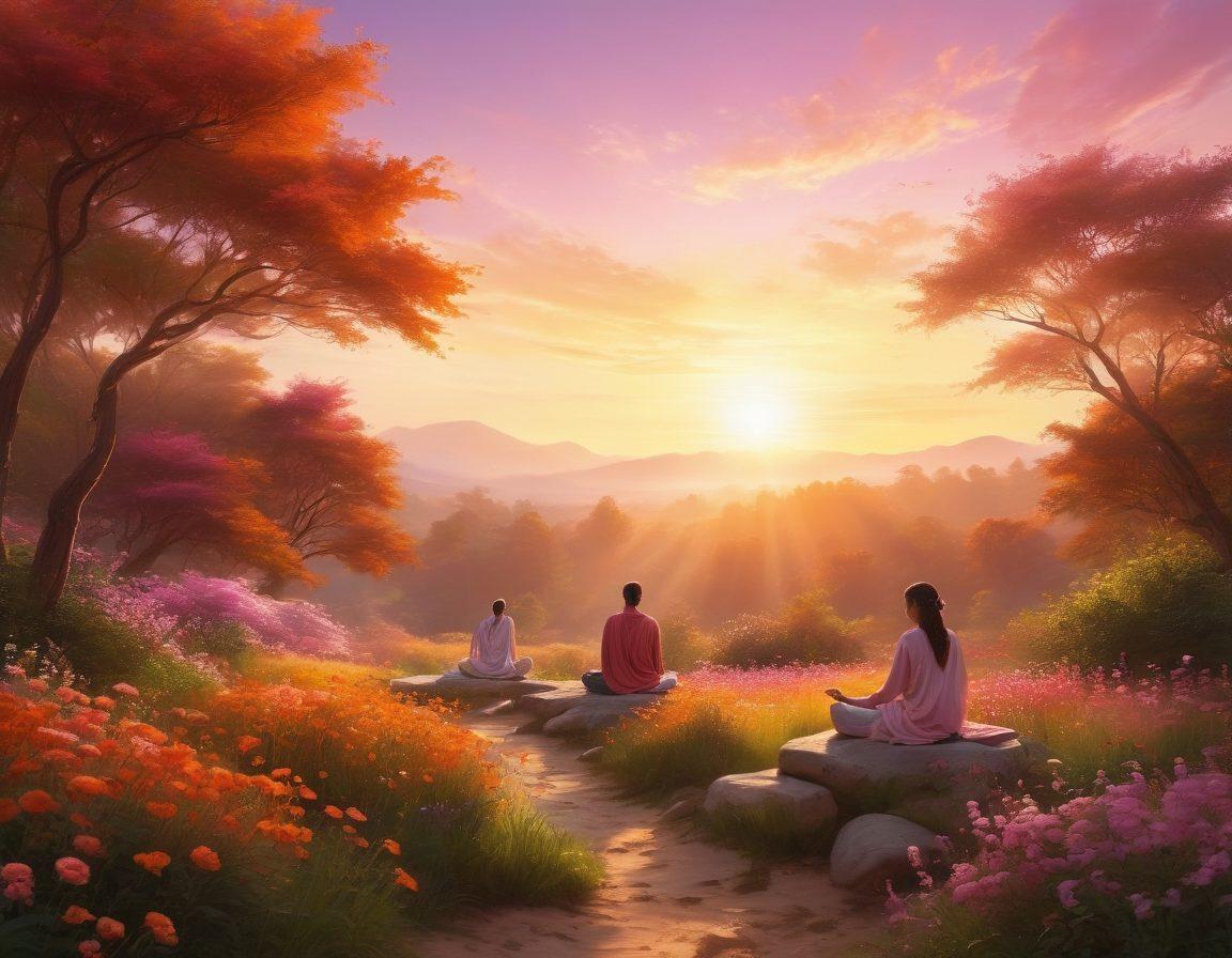 An ethereal sunrise breaking over a serene landscape, where people are joyfully meditating, dancing, and engaging in invigorating activities surrounded by blooming flowers and vibrant greenery. A subtle glow radiates from their bodies, symbolizing energy and spirit. The sky is painted in warm hues of orange and pink, while soft rays of sunlight cascade down, enveloping the scene in warmth and positivity. super-realistic. vibrant colors. peaceful background.