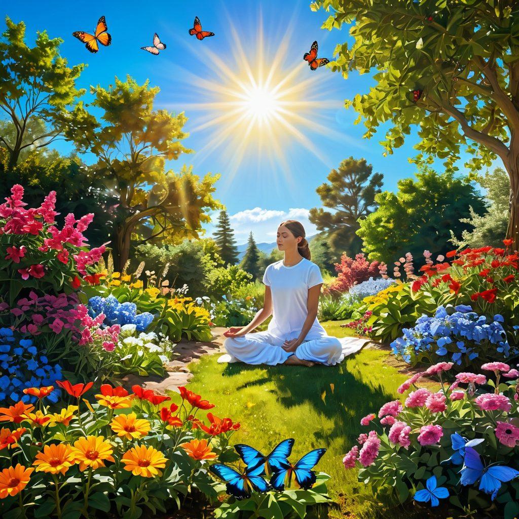 A serene landscape with a flourishing garden filled with colorful flowers, a radiant sun shining down, and a person meditating peacefully among nature. Include vibrant butterflies and a clear blue sky to evoke a sense of joy and tranquility. Super-realistic. Vibrant colors. Natural light.